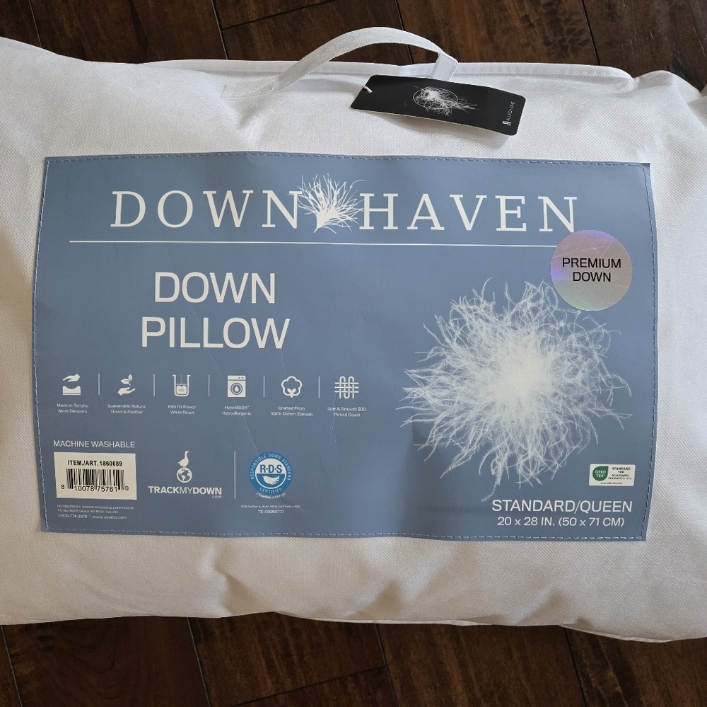 DownHaven Luxury White Down Filled Pillow Washable Standard/Queen 20 x 28 Inch - Picture 3 of 12